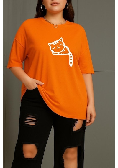 Büyük Beden Çizgili Uykusuz Kedi Baskılı Unisex Tişört Turuncu