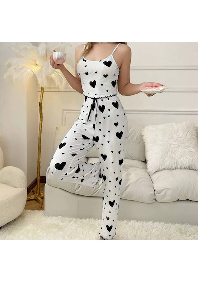 Ece's Design Kalp Desenli Pijama & Uyku Takımı Rahat & Şık W2011 Siyah
