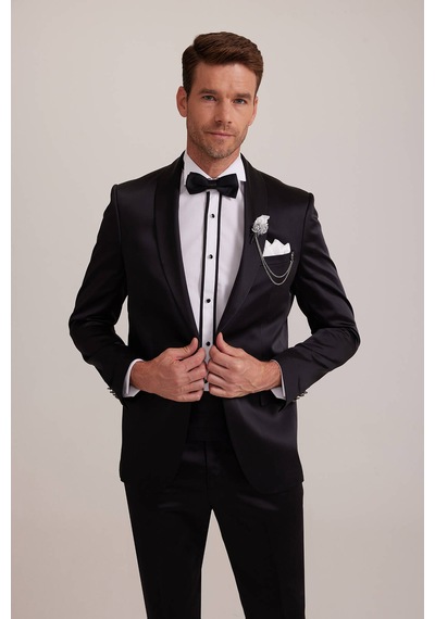 Ysf Erkek Siyah Slim Fit Şal Yaka Damatlık
