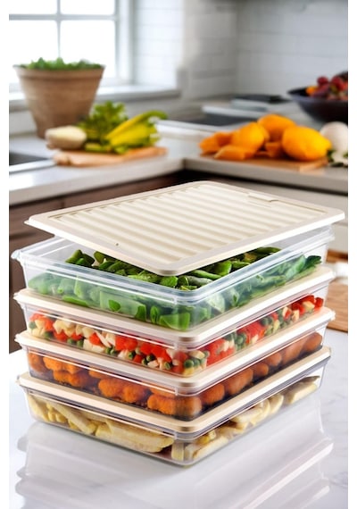 Mikrodalga Ve Derin Dondurucuya Uygun Freshbox Saklama Kabı 4'lü Set Krem Şeffaf