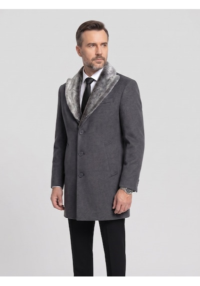 Plus Scorpion Erkek Uzun Kaşe Kaban Çıkartılabilir Kürk Yaka, Astarlı Ve Cepli Slim Fit Mont Antrasit