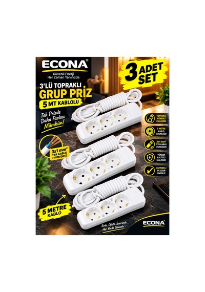 3 Adet-3 Soketli Topraklı Grup Priz 5 Metre Kablolu - 3 Adet Çoklu Priz Seti 3x1 Mm² Esnek Yumuşak Ttr Kablo Beyaz Çoklu Priz Uzatma Kablosu 0
