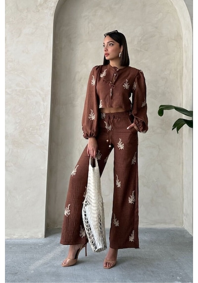 Verymoda Nakış Detaylı Keten Pantolon F1712 Kahve