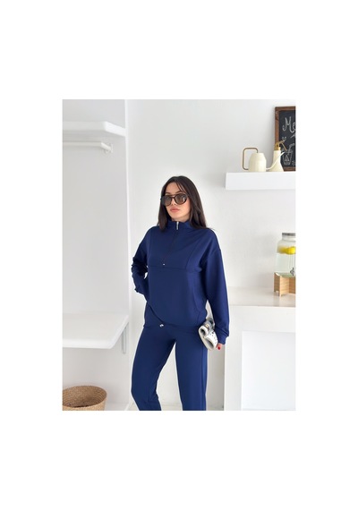 Gugus Kadın Yarım Fermuarlı Model Beli Lastikli Dar Paça Eşofman Takımı Lacivert