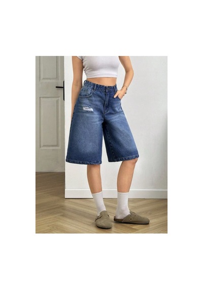 Kene Jeans Lazer Ön Yırtıklı Mavi İşlemli Kot Şort Mavi İşlemli