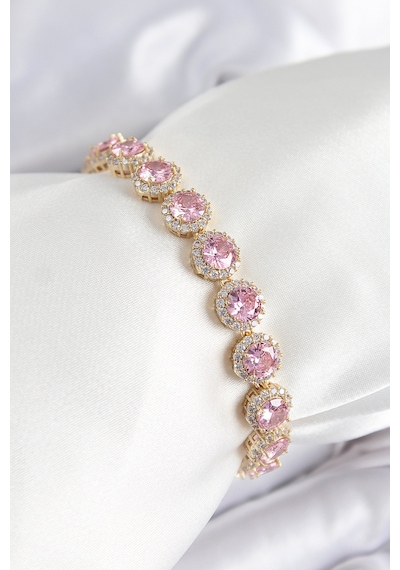 Pirinç Pembe Zirkon Taşlı Daire Baget Model Gold Renk Vıp Seri Kadın Bileklik - Lisinya Açık Pembe