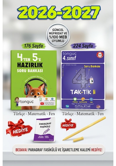 Tonguç 4 Ten 5 E Hazırlık Kitabı + 4. Sınıf Taktikli Soru Bankası Türkçe Matematik Fen Derslerini İçerir