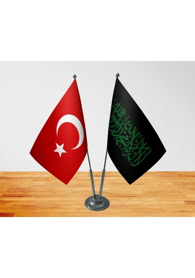 Masa Üstü Siyah Kelimei Tevhid Bayrağı Türk Bayrağı İkili Krom Di