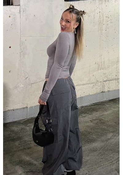 Seeh Boyalı Gri Bisiklet Yaka Basic Uzun Kollu Body Sh142