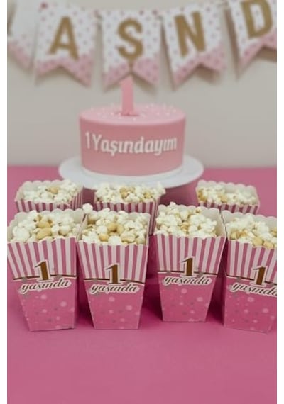 1 Yaş Doğum Günü Pembe Popcorn Kutusu, 8 Adet, Çizgili Ve Puantiyeli Tasarım, Parti Süslemesi