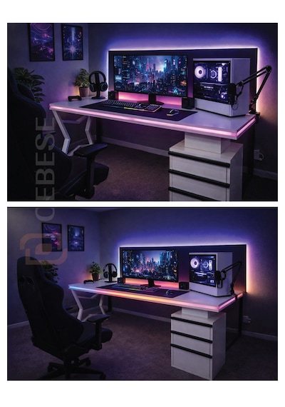 Bilgisayar Masası + Rgb Led - 170 65 77 Cm Kumandalı Ve Telefon Kontrollü Beyaz
