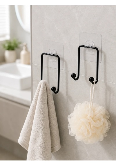 2'li Yapışkanlı Duvar Askısı Mutfak Banyo Ve Ev İçin Askılık Siyah
