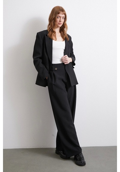 Never More Bel Detaylı Wide Leg Pantolon Siyah Siyah