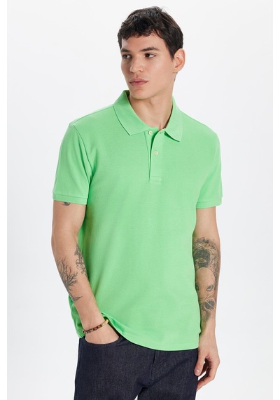 Tudors Erkek Slim Fit Dar Kesim %100 Pamuk Yeşil Polo Yaka Tişört-32766 Yosun Yeşili