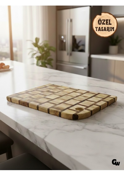 Özel Tasarım Dama Desenli Oval Doğal Ahşap Sunum Tabağı Ahşap Kesme Tahtası Sunumluk Ceviz Ceviz