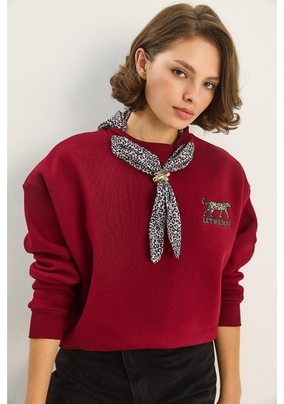Shade Kadın Fular Detaylı Leopar Nakışlı Üç İplik Şardonlu Oversize Sweatshirt 6917 60283616 - Bordo