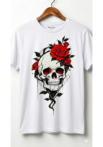 Erkek Kuru Kafa Kırmızı Gül Detayı Baskılı Pamuklu Regular T-shirt Beyaz