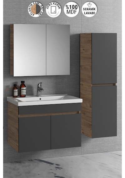 Çiğdem 80+35 Cm Atlantik Çam-Antrasit Gri Mat Mdf Seramik Lavabol Antrasit - Atlantik Çam