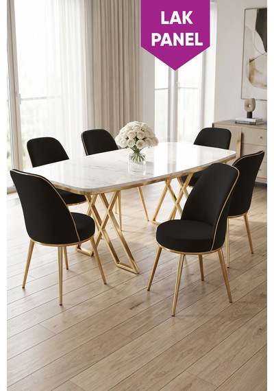 Peras Serisi 90x160 Lak Panel Beyaz Mermer Desen Gold Ayaklı Masa Takımı 6 Sandalye Beyaz Mermer Masa Siyah Sandalye Peras Serisi 90x160 Lak Panel Beyaz Mermer Desen Gold Ayaklı Masa Takımı 6 Sandalye Beyaz Mermer Masa Siyah Sandalye