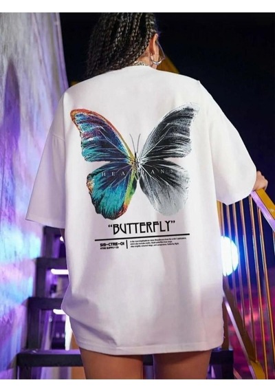 Kozia Outdoors Kadın Butterfly Baskılı Bisiklet Yaka Tişört Beyaz Beyaz