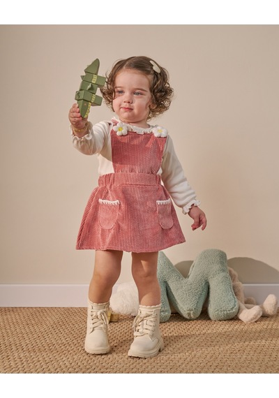 Noble Kids Pudra Papatya Detaylı Kız Bebek Salopet İkili Takım - 9 Ay-3 Yaş Pudra