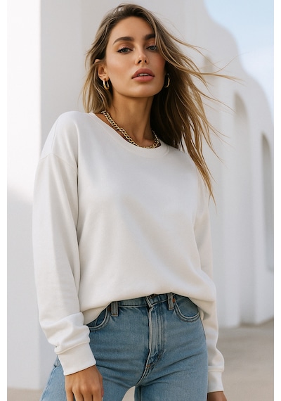 Kadın Ekru Pamuklu İnterlock Oversize Sweatshirt Ekru