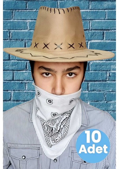 Uniquetrenders Çocuk Unisex Bandanalı 10'lu Nubuk Kovboy Şapkası 8-14 Yaş Koyu Bej 1