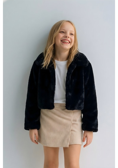 Esila Kids Kız Çocuk Bolero Peluş Ceket İnci Kapamalı Uzun Kollu Çocuk Ceket Siyah