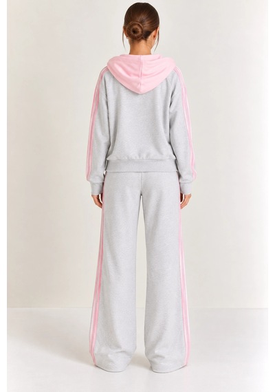 Mevese Kadın Kapüşonlu Oversize Sweatshirt & Bol Eşofman Altı İkili Takım- Gri-pembe Mevese Kadın Kapüşonlu Oversize Sweatshirt & Bol Eşofman Altı İkili Takım- Gri-pembe