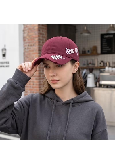 Valkyrie Unisex Bordo Never Give Up Nakışlı Baseball Şapka Ayarlanabilir Vintage Streetwear Spor Kep