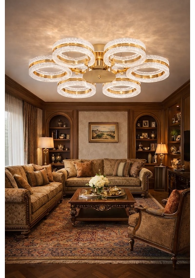 Alya 6lı Gold Plafonyer 3 Renk Led Secenekli Salon Oturma Odası Ledli Avize Altın - Gold