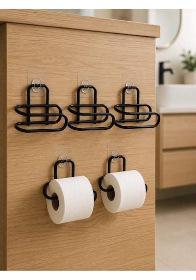 Siyah Metal Tuvalet Kağıdı Tutucu 5 Li Set Yapışkanlı Duvar Tipi Banyo Wc Askısı Renkli