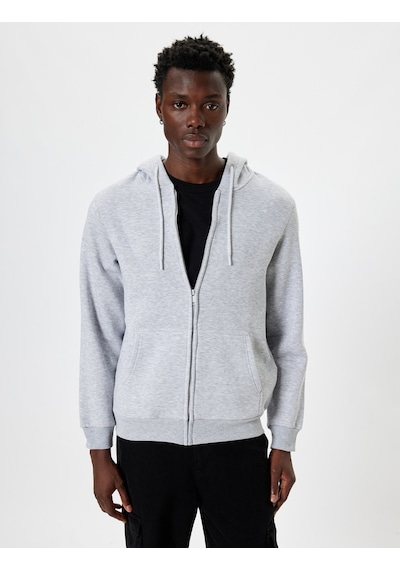Koton Fermuarlı Sweatshirt Kapşonlu Cep Detaylı Pamuk Karışımlı Gri 5wam70016mk Gri