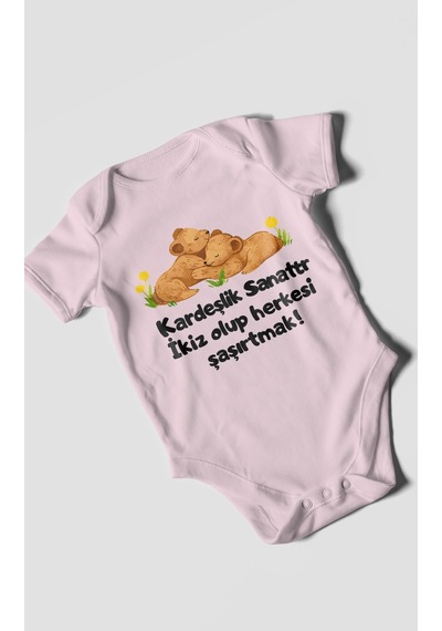 Morivokids Kardeşlik Sanattır, İkiz Yazılı Kısa Kollu Bebek Body %100 Pamuk Bebe Pembe