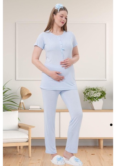 Mecit Pijama Mecit 1541 Bayan Hamile Lohusa Mavi Uzun Sabahlıklı Pijama Takımı