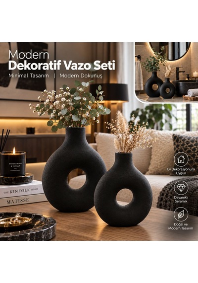 Modern Dekoratif Vazo Seti 2'li Siyah