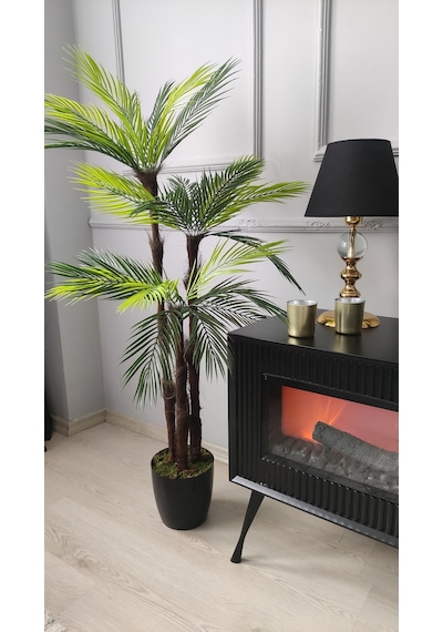 Lüks Palmiye Ağacı Salon İçin Yapay Ağaç 150 Cm 3 Gövde 27 Yaprak Siyah Parlak Saksıda