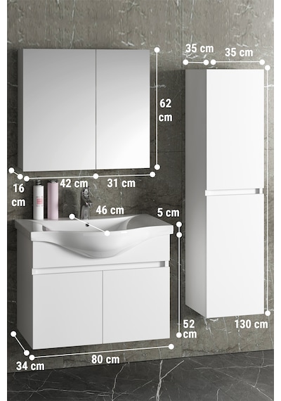 Yıldız 80+35 Cm Beyaz Mdf Lavabolu Asma Banyo Dolabı Takımı Beyaz