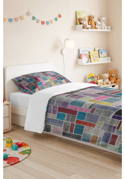 Geometrik Gri Renkli Tek Kişilik Pike - Bohem Patchwork Çok Renkli Mevsimlik Yatak Örtüsü 160x220 Cm Kırçıllı Meşe Örtüsü