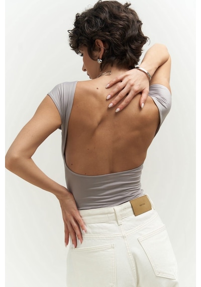 Mai Collection 2738 - Nives Sırt Dekolteli Gri Crop Gri