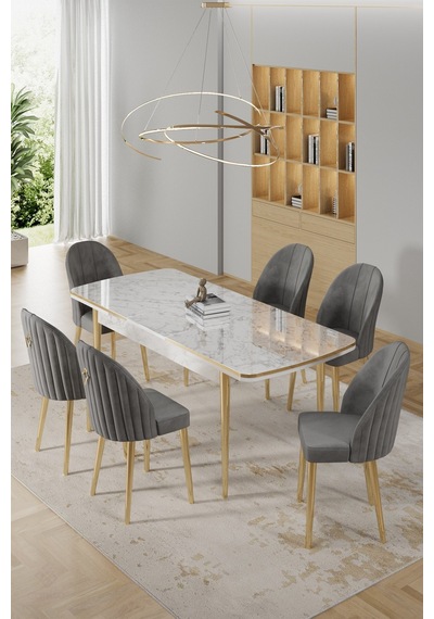 Canisa Rada Serisi 80x132 Açılabilir Lak Panel Beyaz Mermer Desen Masa 6 Gri Sandalye Gold Detay Masa Beyaz Mermer Desen Sandalye Gri Canisa Rada Serisi 80x132 Açılabilir Lak Panel Beyaz Mermer Desen Masa 6 Gri Sandalye Gold Detay Masa Beyaz Mermer Desen Sandalye Gri