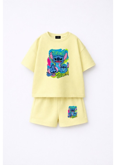 Fasardi Stitch Ön Arka Baskılı Oversize %100 Pamuk Tişört Şort Çocuk 2li Takım Limon