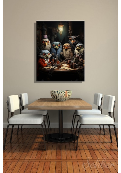 Kanvas Tablo Dikey Tekli Ev Kafe Ofis Masa Başında Steampunk Tarzında Giyinmiş Baykuşlar 2283