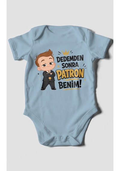 Morivokids Dedemden Sonra Patron Benim Kısa Kollu Bebek Body %100 Pamuk Bebe Mavisi
