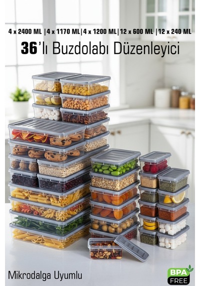 36'lı Set Buzdolabı Ve Difriz Düzenleyici Saklama Kabı Seti Dolap İçi Düzen Bpa Free Mikrodalga Antrasit Kapak
