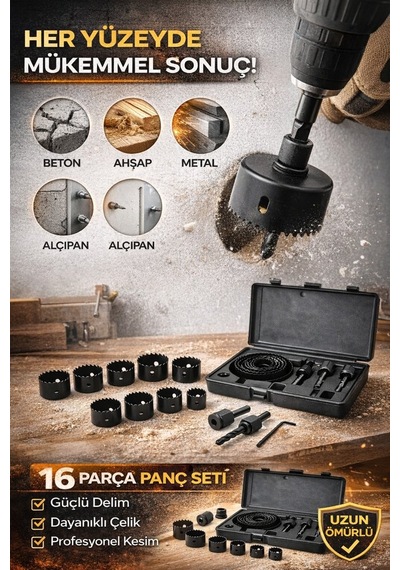 16 Parça Panç Seti 19-64 Mm Ahşap Metal Plastik Delme İşleri