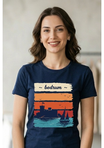 Baranışık Bodrum Kalesi Ve Yelkenli Retro Baskılı Unisex Beyaz Tişört Lacivert