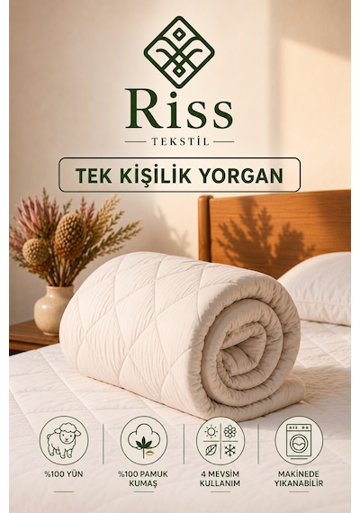 Riss Tekstil Tek Kişilik %100 Kuzu Yünü Yorgan 155 X 215 CM 3000 GR Beyaz