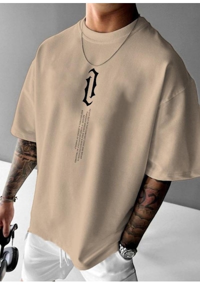 Dikey Yazı Baskılı Oversize Tişört Bej