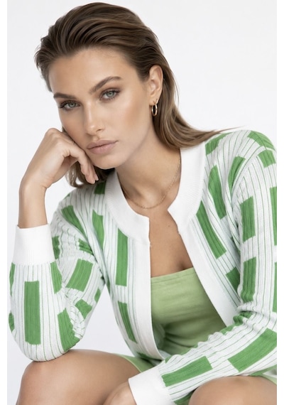 Neden Tekstil Kadın Geometrik Desenli Premium Triko Hırka - Beyaz-yeşil